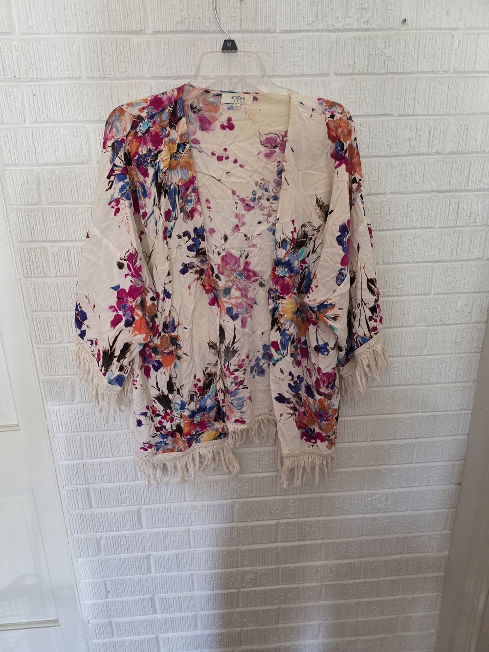 Umgee Cream Floral Fringe Open-Front Kimono